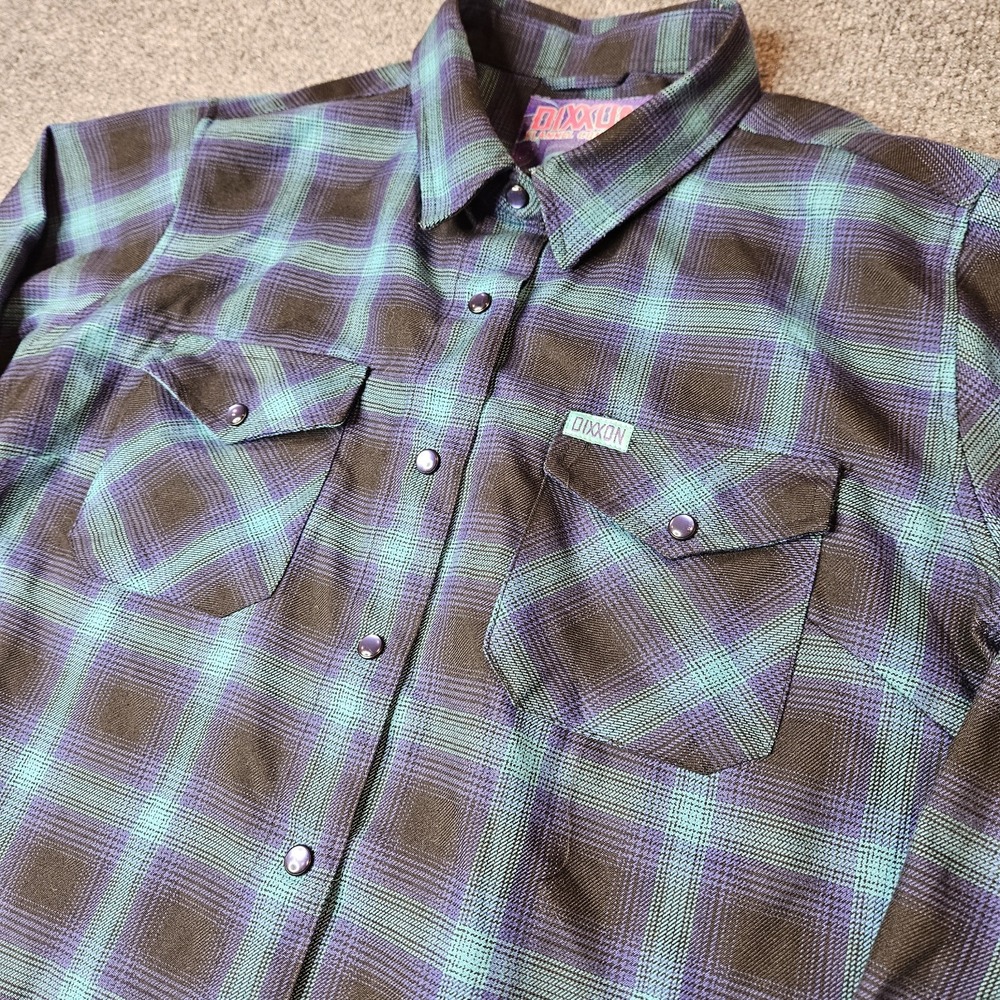 Dixxon Flannel Womens Large Borealis Snap Front Shirt Plaid L/S Black Blue